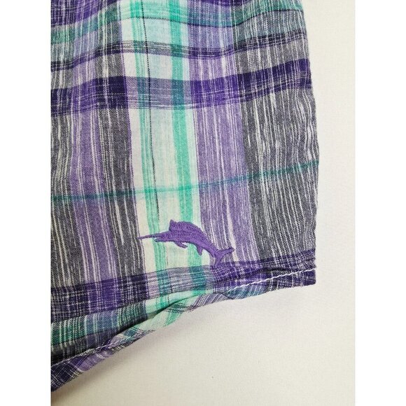 Tommy Bahama Lightweight Size Large Mens Plum Aqua White Check Logo S/S Shirt - Picture 7 of 11